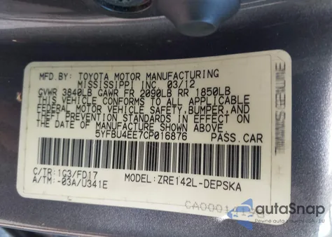 2012 Toyota Corolla S из США, поврежденный, VIN 5YFBU4EE7CP016876